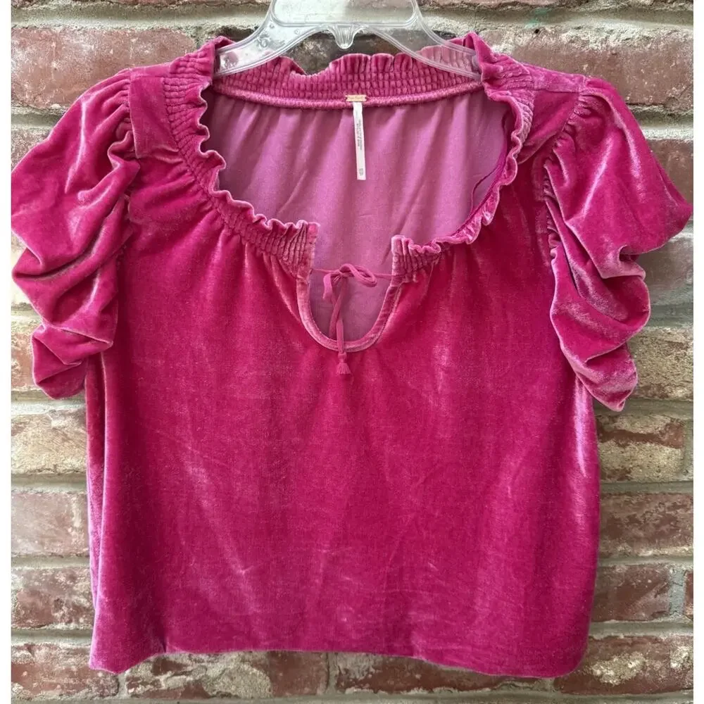 Free People Velveteen Crop Hot‎ Pink Peplum Puff Sleeve Oversized Top Blouse XS